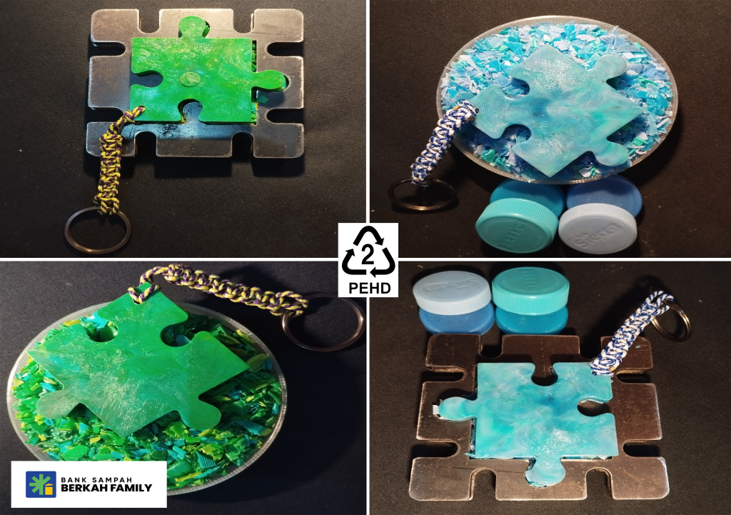 cacahanplastik, daurulang, tutupbotol, HDPE, banksampah, ganci, gantungankunci, kreatif, estetik